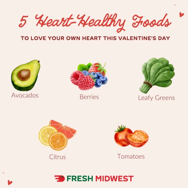 Love your heart this Valentine’s Day with these 5 heart-healthy produce picks! 💚🥑🍓🌿🍅🍊